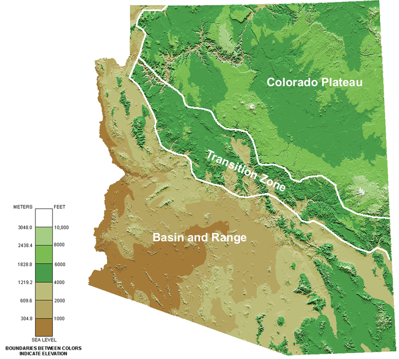 Arizona DEM with physiographic boundaries